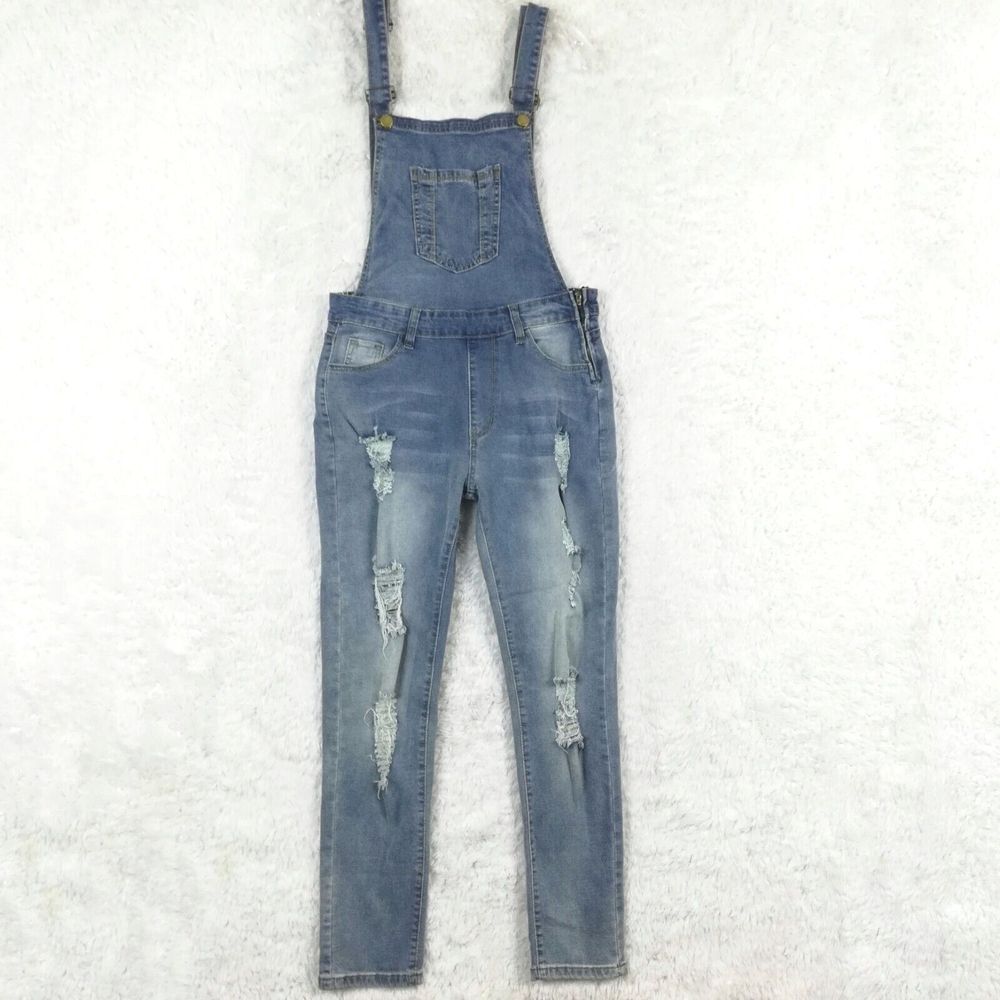 Womens Jeans Bib Overalls Blue Denim Ripped Light Wash Whiskering M New